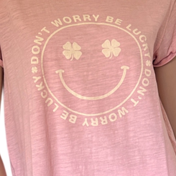 Lucky Brand Don't Worry be Lucky Tee T-Shirt Blush Pink Screen Print 100% Cotton - Picture 4 of 12